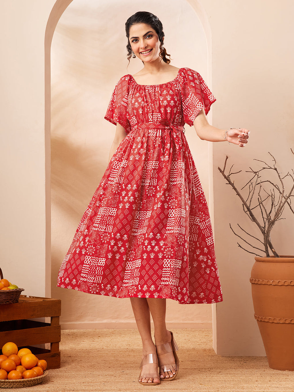 Janasya Red A-Line Cotton Dress | Grocsy