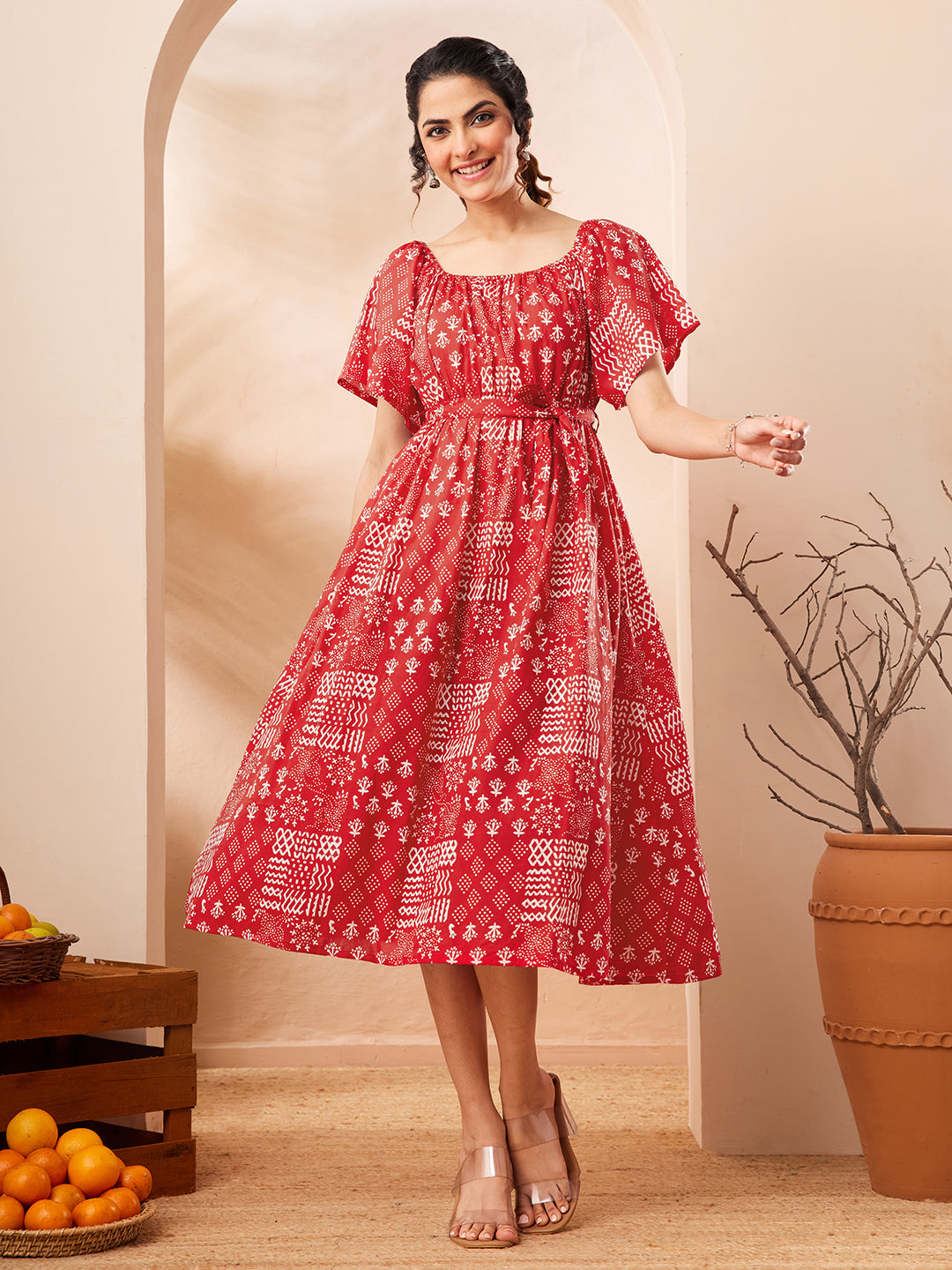 Janasya Red A-Line Cotton Dress | Grocsy