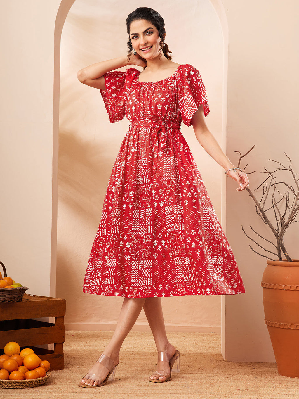 Janasya Red A-Line Cotton Dress | Grocsy