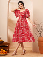 Janasya Red A-Line Cotton Dress | Grocsy