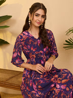 Janasya Purple Gathered Georgette Dress | Grocsy