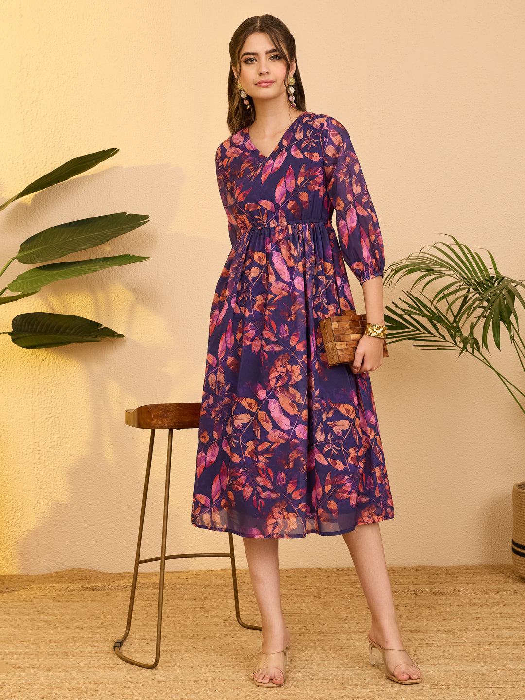 Janasya Purple Gathered Georgette Dress | Grocsy
