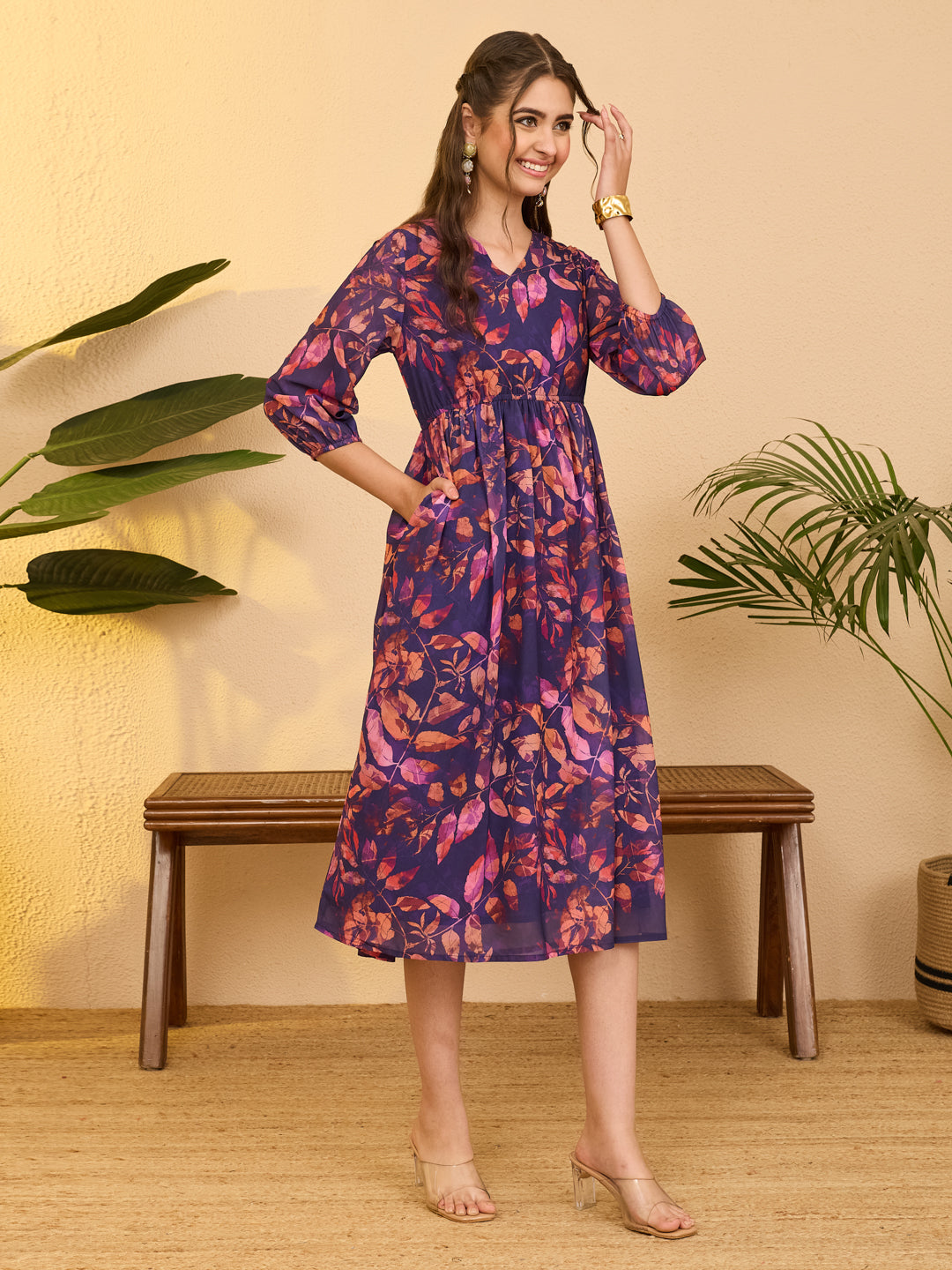 Janasya Purple Gathered Georgette Dress | Grocsy