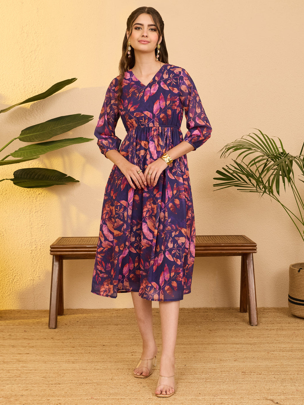 Janasya Purple Gathered Georgette Dress | Grocsy