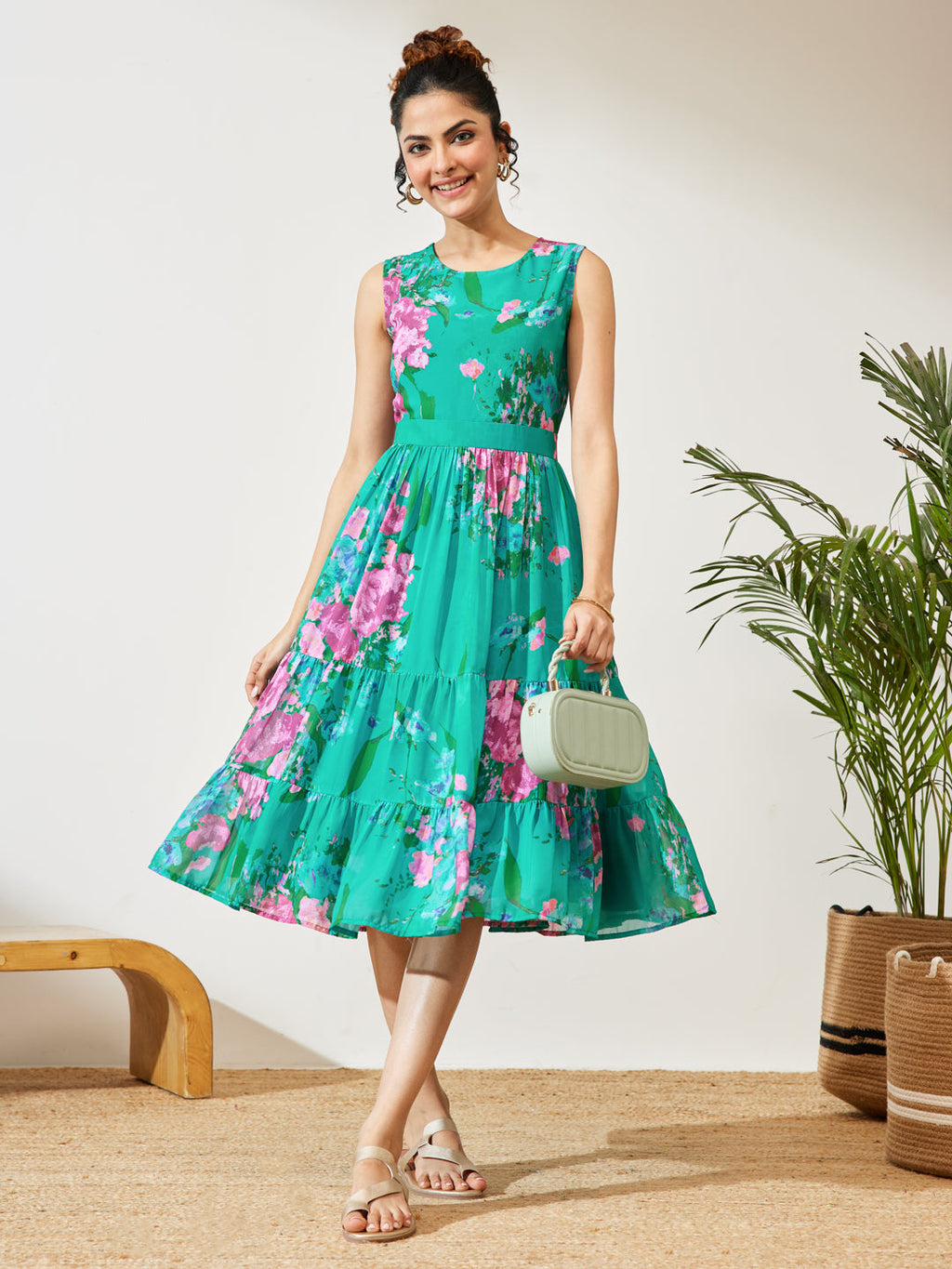 Janasya Sea Green Tiered Georgette Dress | Grocsy