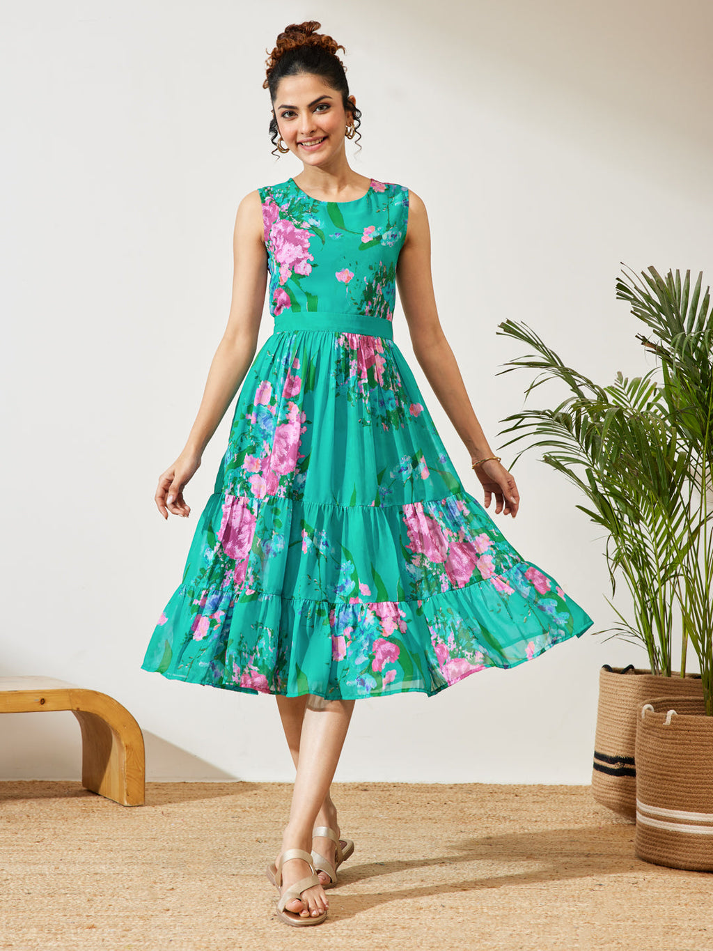 Janasya Sea Green Tiered Georgette Dress | Grocsy