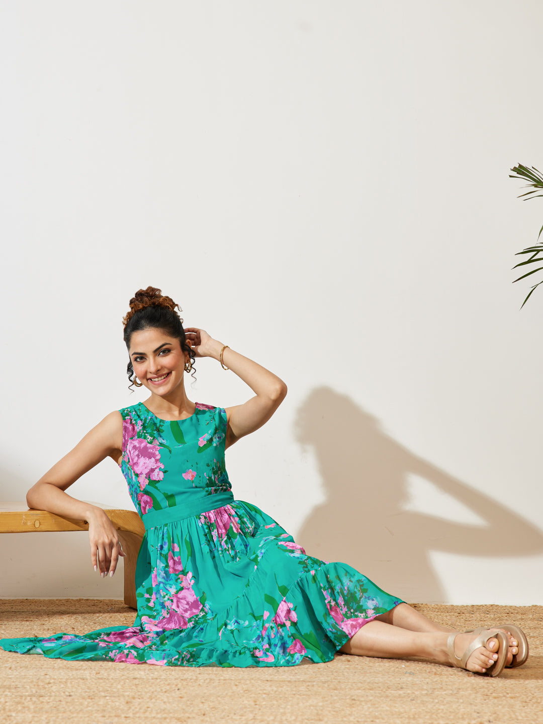 Janasya Sea Green Tiered Georgette Dress | Grocsy