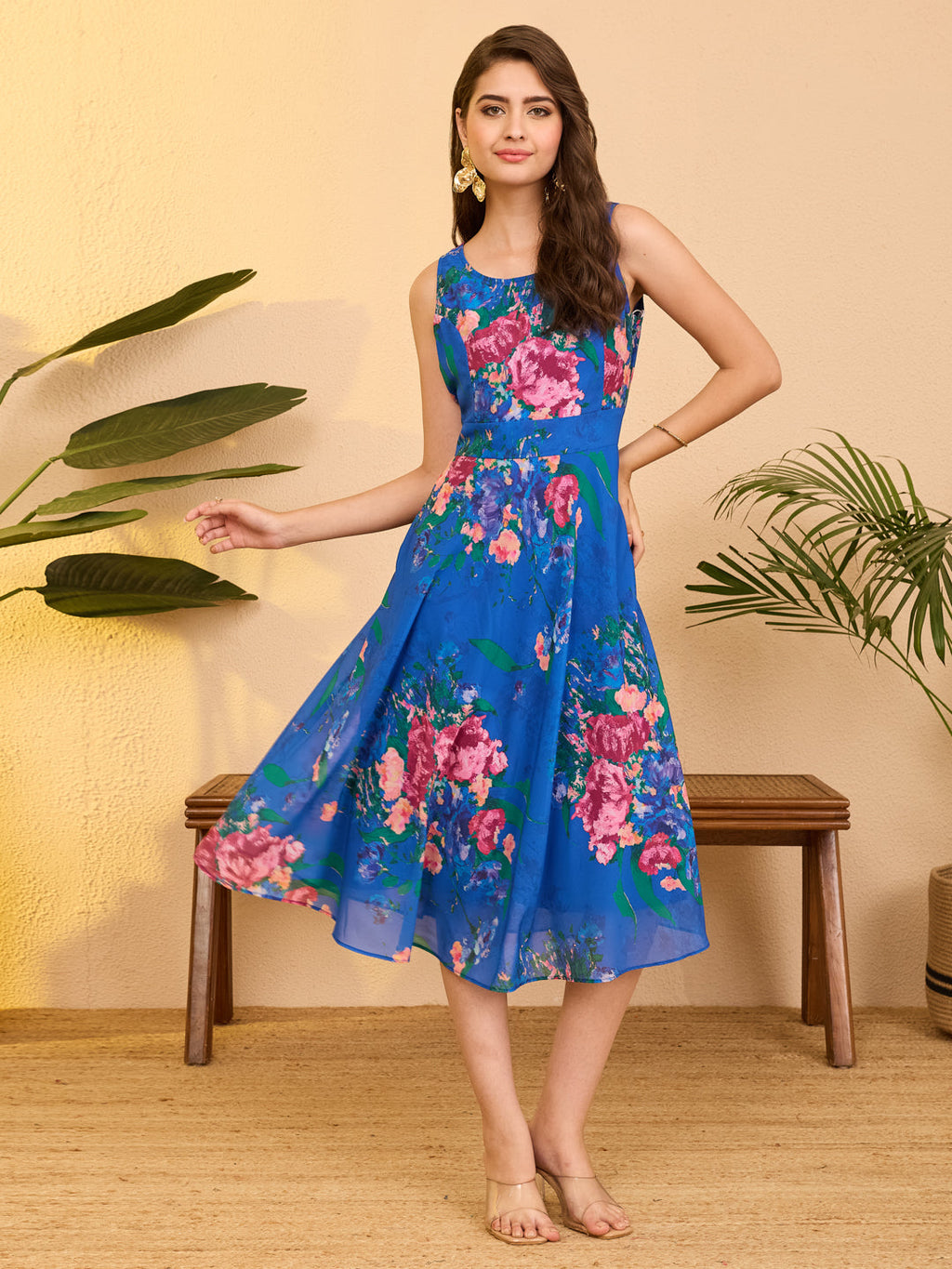 Janasya Royal Blue A-Line Georgette Dress | Grocsy