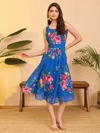 Janasya Royal Blue A-Line Georgette Dress | Grocsy