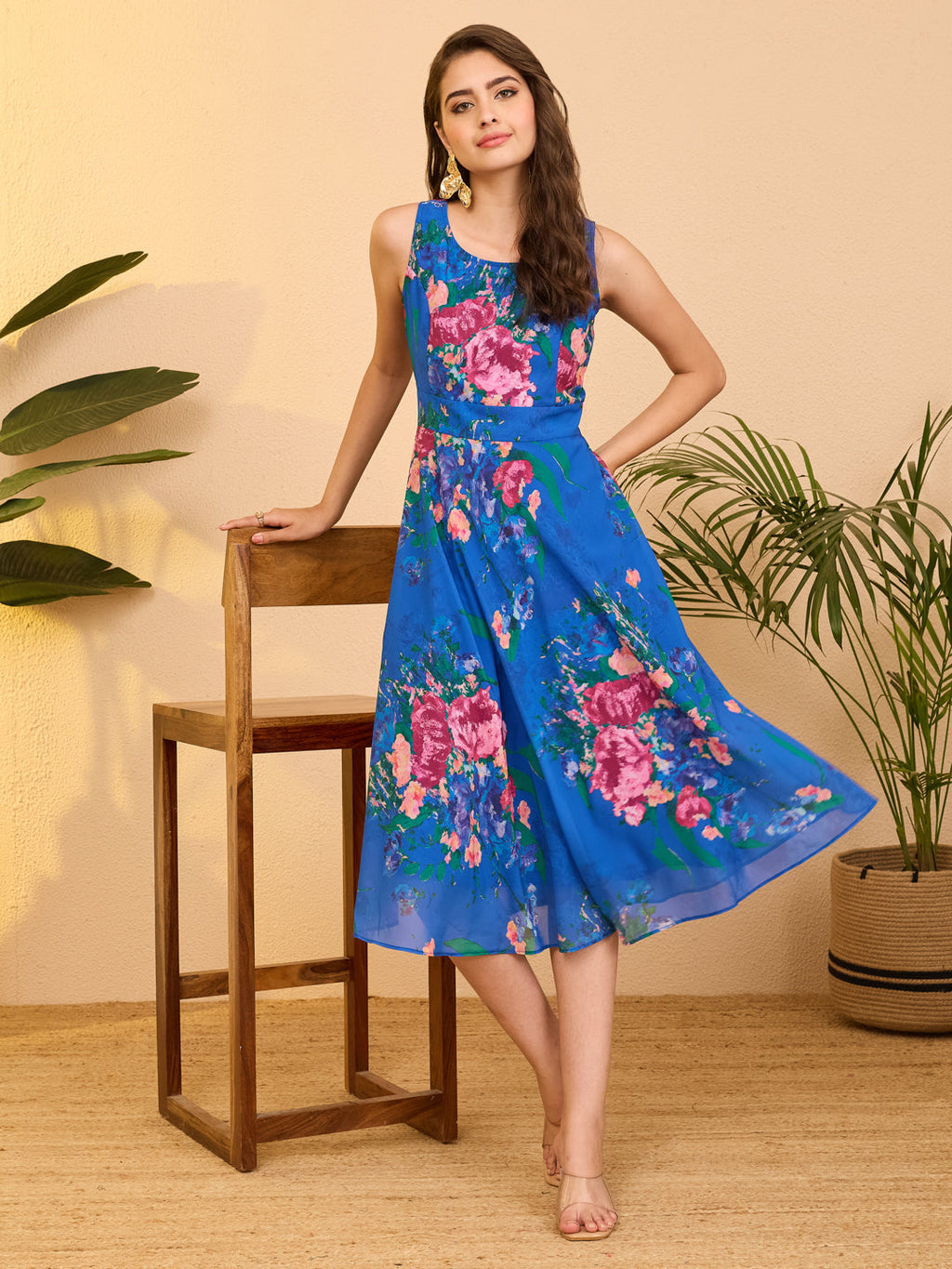 Janasya Royal Blue A-Line Georgette Dress | Grocsy