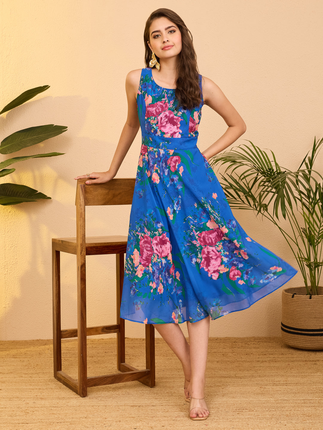 Janasya Royal Blue A-Line Georgette Dress | Grocsy