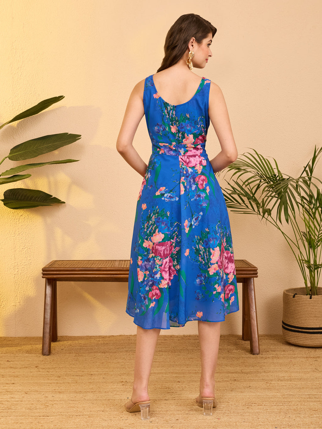 Janasya Royal Blue A-Line Georgette Dress | Grocsy