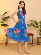 Janasya Royal Blue A-Line Georgette Dress | Grocsy