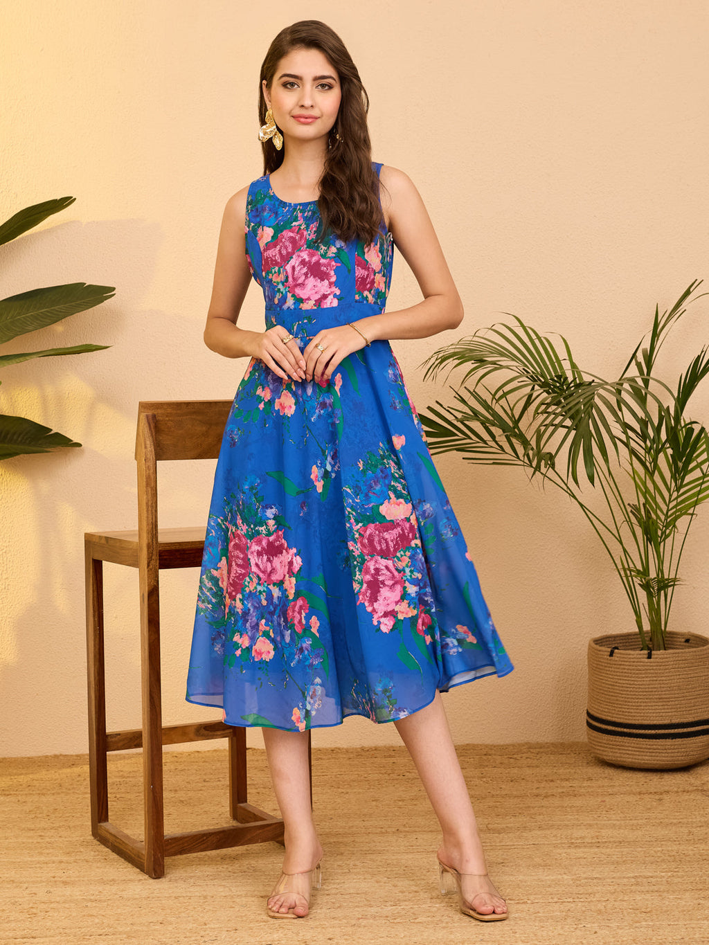 Janasya Royal Blue A-Line Georgette Dress | Grocsy