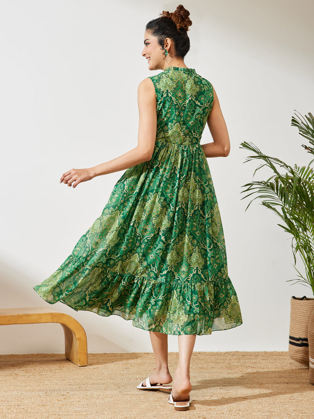 Janasya Green Fit & Flare Georgette Dress | Grocsy