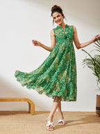 Janasya Green Fit & Flare Georgette Dress | Grocsy