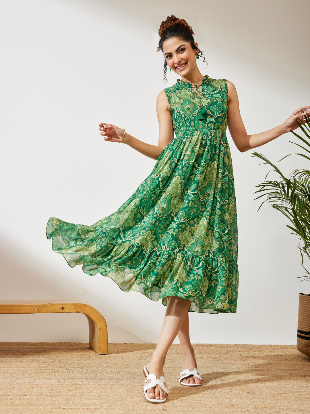 Janasya Green Fit & Flare Georgette Dress | Grocsy