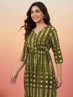 Janasya Olive Fit & Flare Cotton Dress | Grocsy