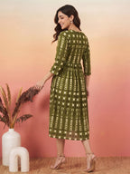 Janasya Olive Fit & Flare Cotton Dress | Grocsy