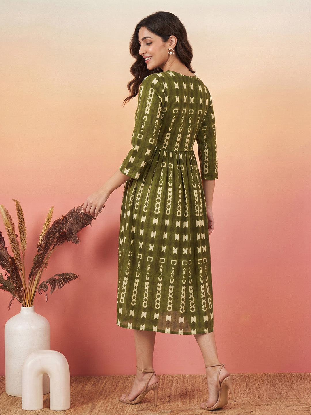 Janasya Olive Fit & Flare Cotton Dress | Grocsy