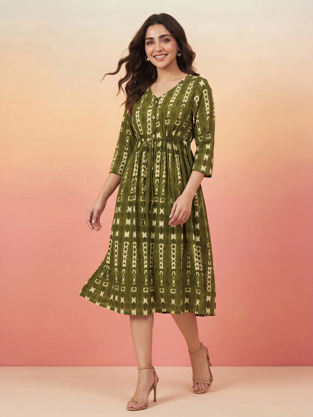 Janasya Olive Fit & Flare Cotton Dress | Grocsy