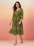 Janasya Olive Fit & Flare Cotton Dress | Grocsy