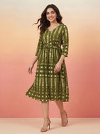 Janasya Olive Fit & Flare Cotton Dress | Grocsy