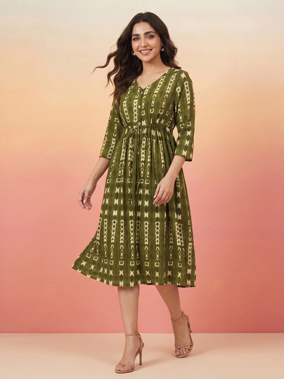 Janasya Olive Fit & Flare Cotton Dress | Grocsy