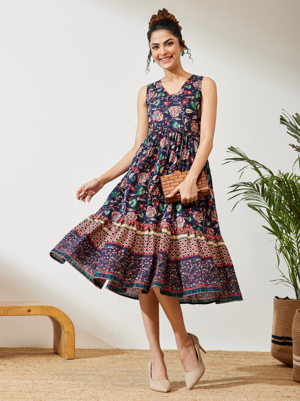 Janasya Navy Blue Fit & Flare Cotton Dress | Grocsy