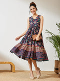 Janasya Navy Blue Fit & Flare Cotton Dress | Grocsy