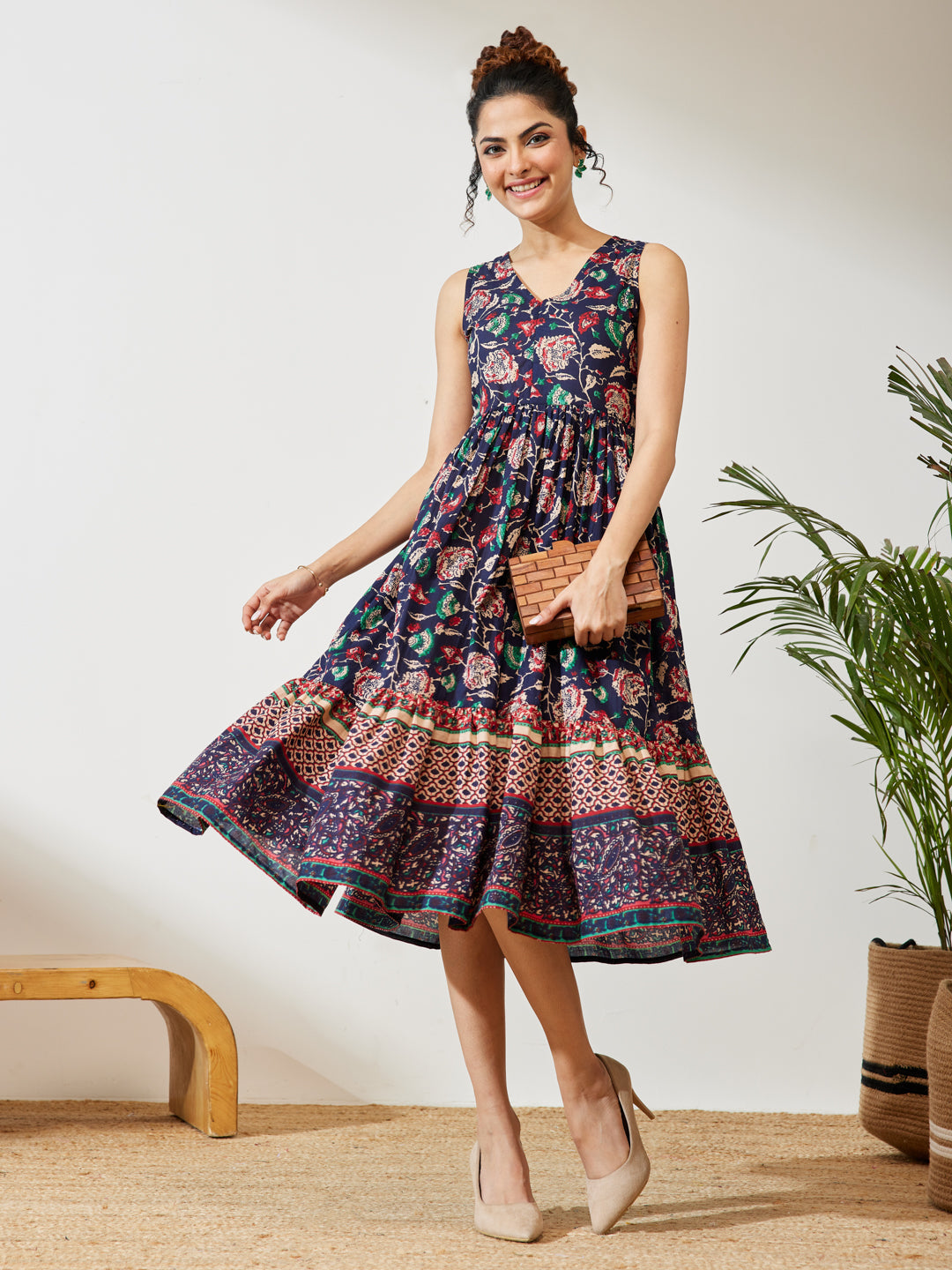 Janasya Navy Blue Fit & Flare Cotton Dress | Grocsy