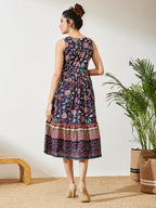 Janasya Navy Blue Fit & Flare Cotton Dress | Grocsy