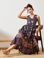 Janasya Navy Blue Fit & Flare Cotton Dress | Grocsy