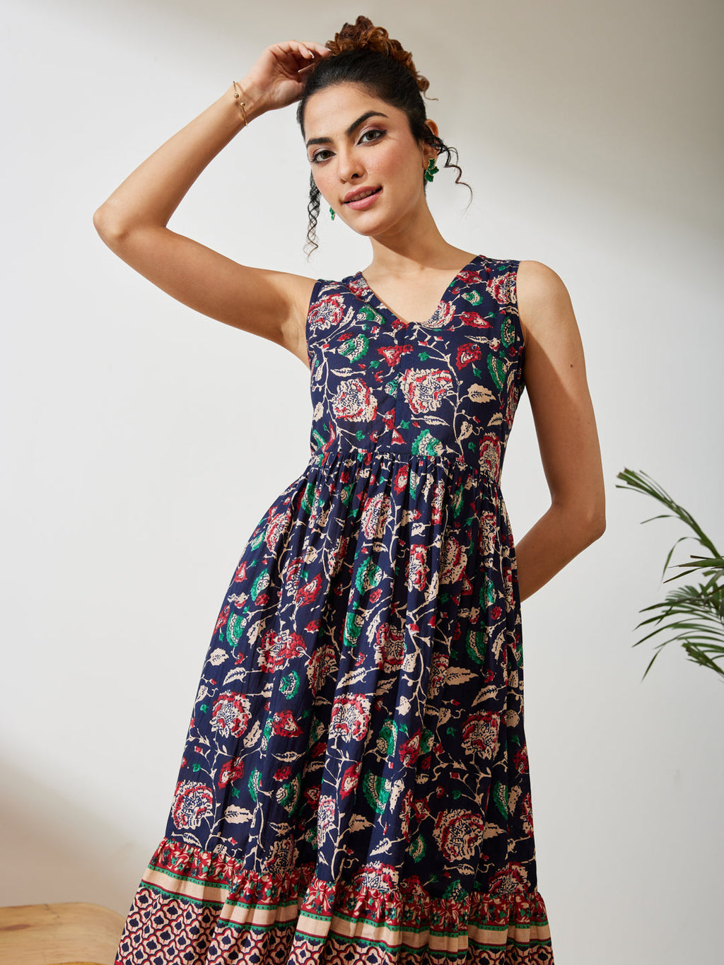 Janasya Navy Blue Fit & Flare Cotton Dress | Grocsy