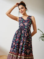 Janasya Navy Blue Fit & Flare Cotton Dress | Grocsy
