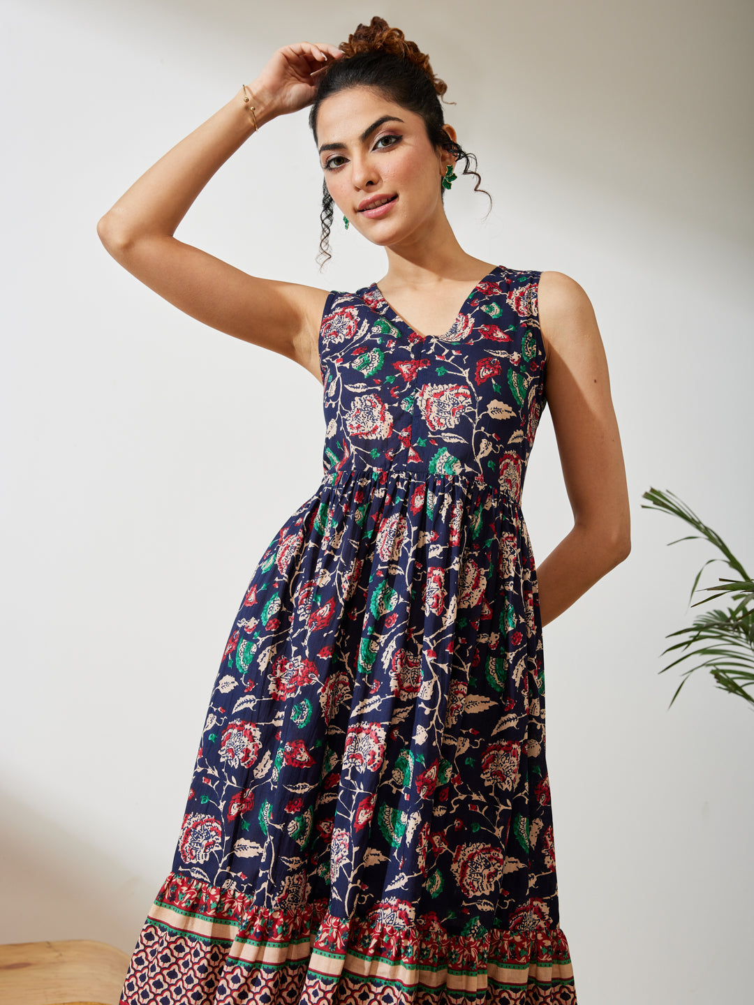 Janasya Navy Blue Fit & Flare Cotton Dress | Grocsy
