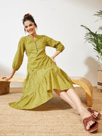 Janasya Mustard Fit & Flare Cotton Dress | Grocsy