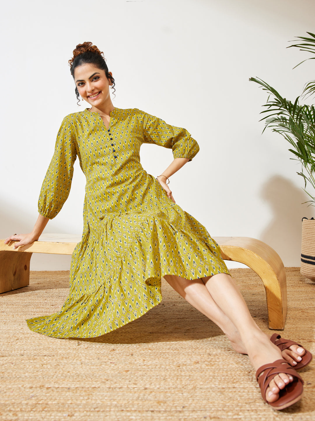 Janasya Mustard Fit & Flare Cotton Dress | Grocsy