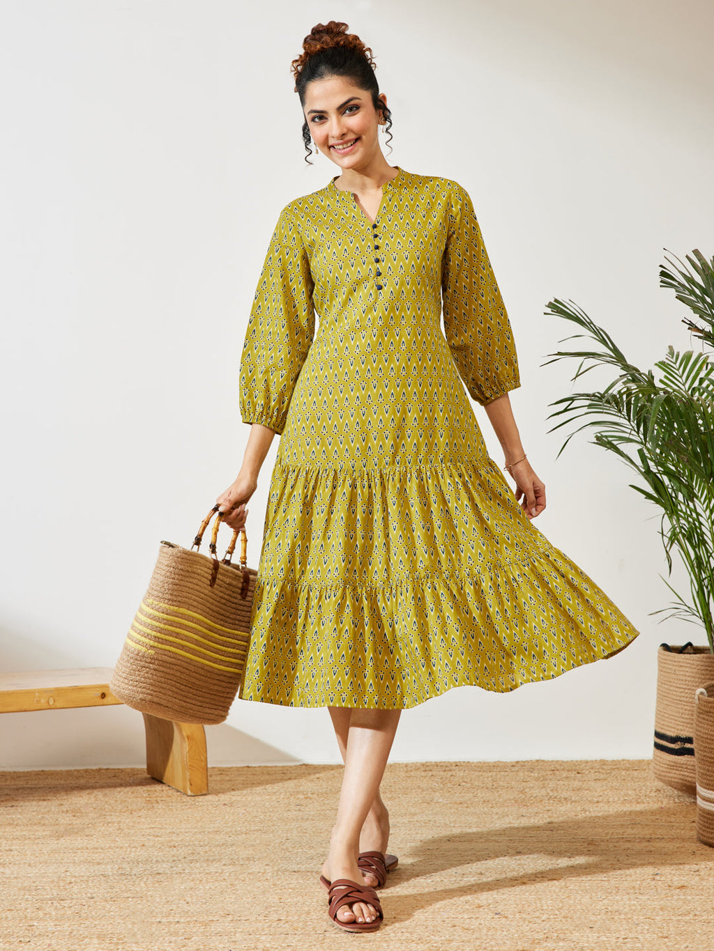 Janasya Mustard Fit & Flare Cotton Dress | Grocsy