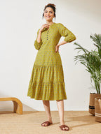 Janasya Mustard Fit & Flare Cotton Dress | Grocsy
