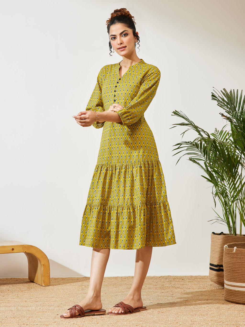 Janasya Mustard Fit & Flare Cotton Dress | Grocsy