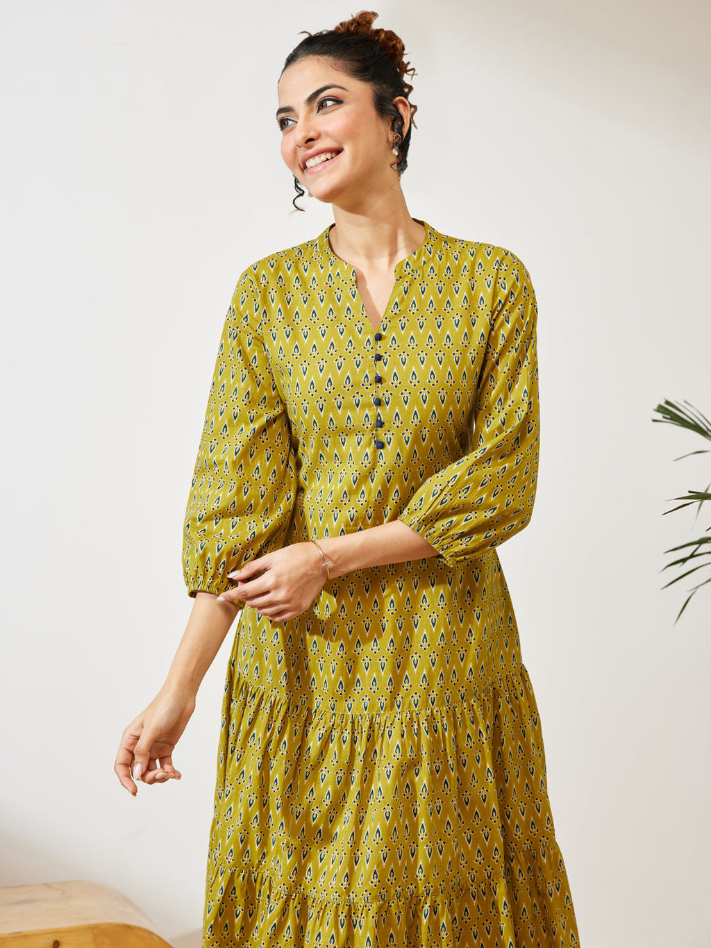 Janasya Mustard Fit & Flare Cotton Dress | Grocsy