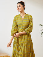 Janasya Mustard Fit & Flare Cotton Dress | Grocsy