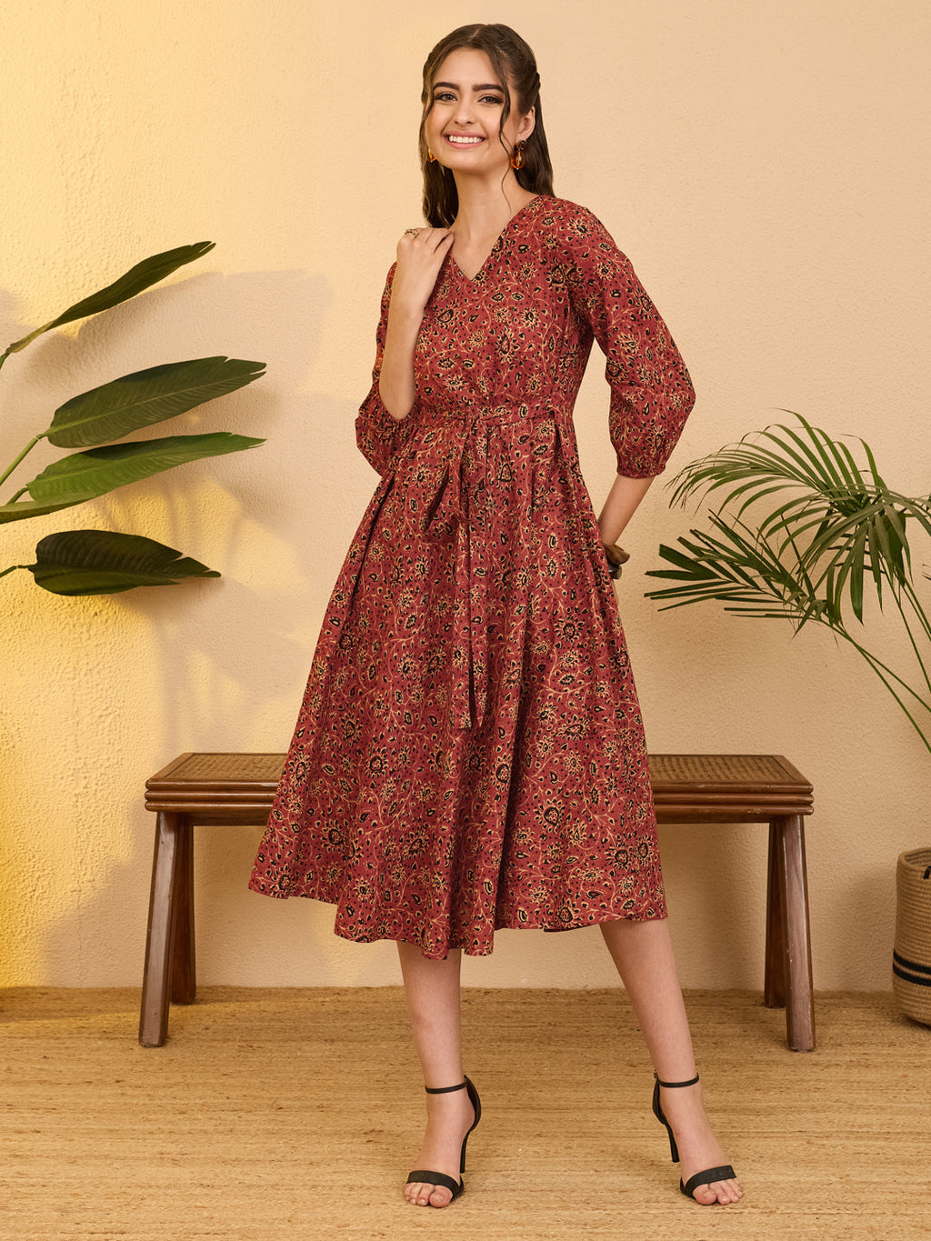 Janasya Rust A-Line Cotton Dress | Grocsy