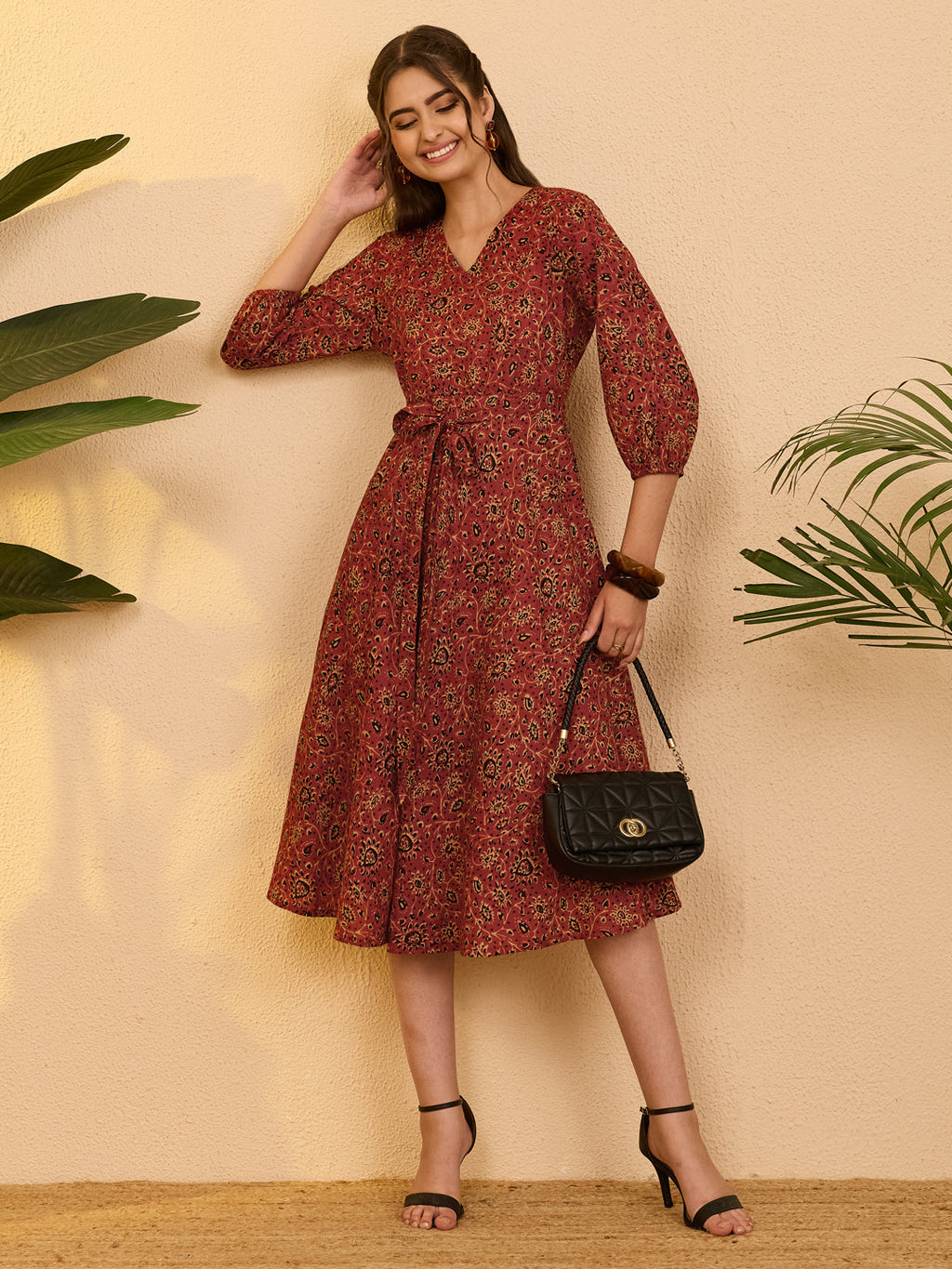 Janasya Rust A-Line Cotton Dress | Grocsy