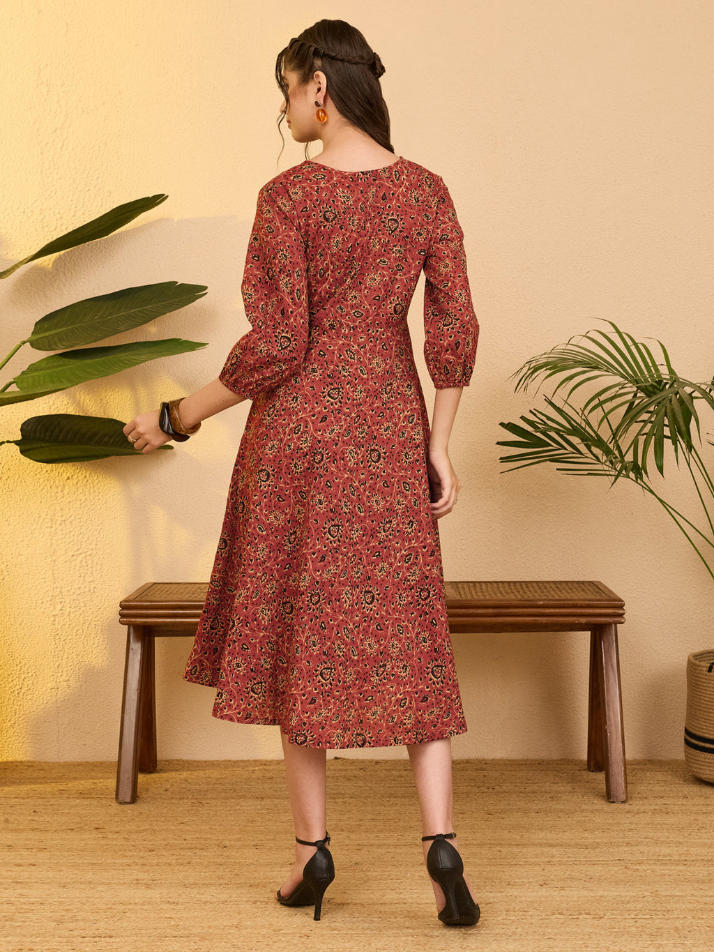 Janasya Rust A-Line Cotton Dress | Grocsy