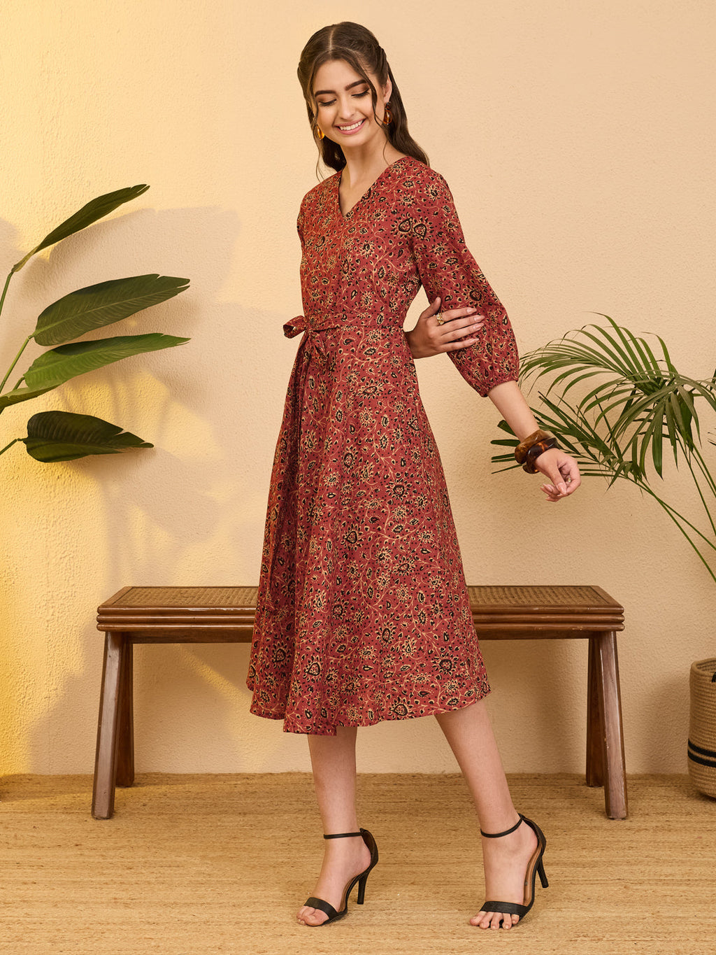 Janasya Rust A-Line Cotton Dress | Grocsy