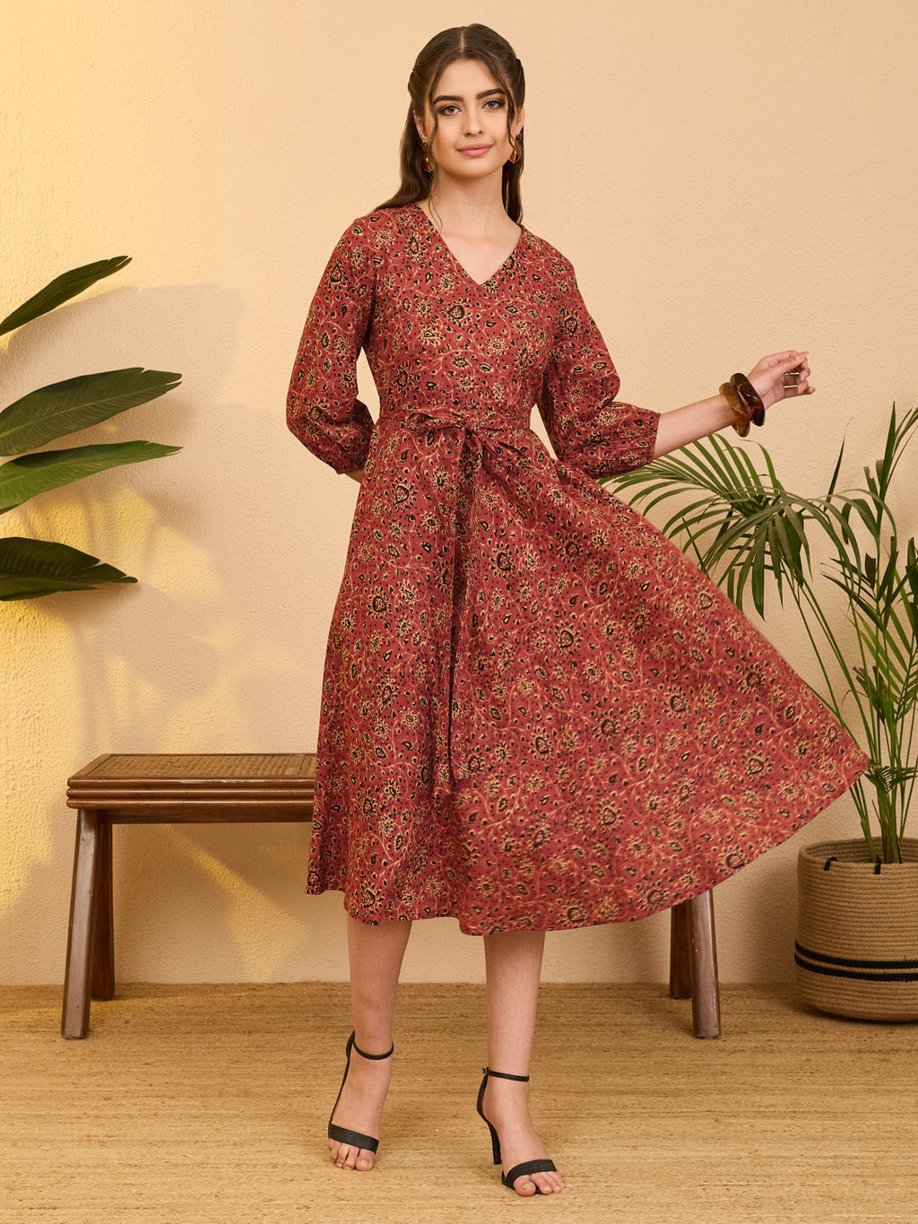 Janasya Rust A-Line Cotton Dress | Grocsy
