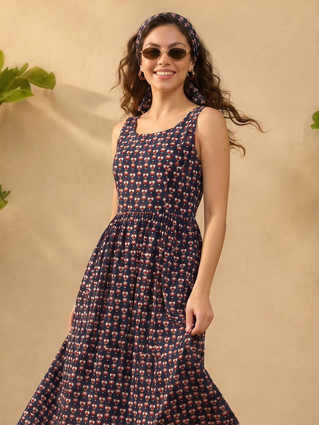 Janasya Navy Blue Gathered Cotton Dress | Grocsy