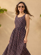 Janasya Navy Blue Gathered Cotton Dress | Grocsy